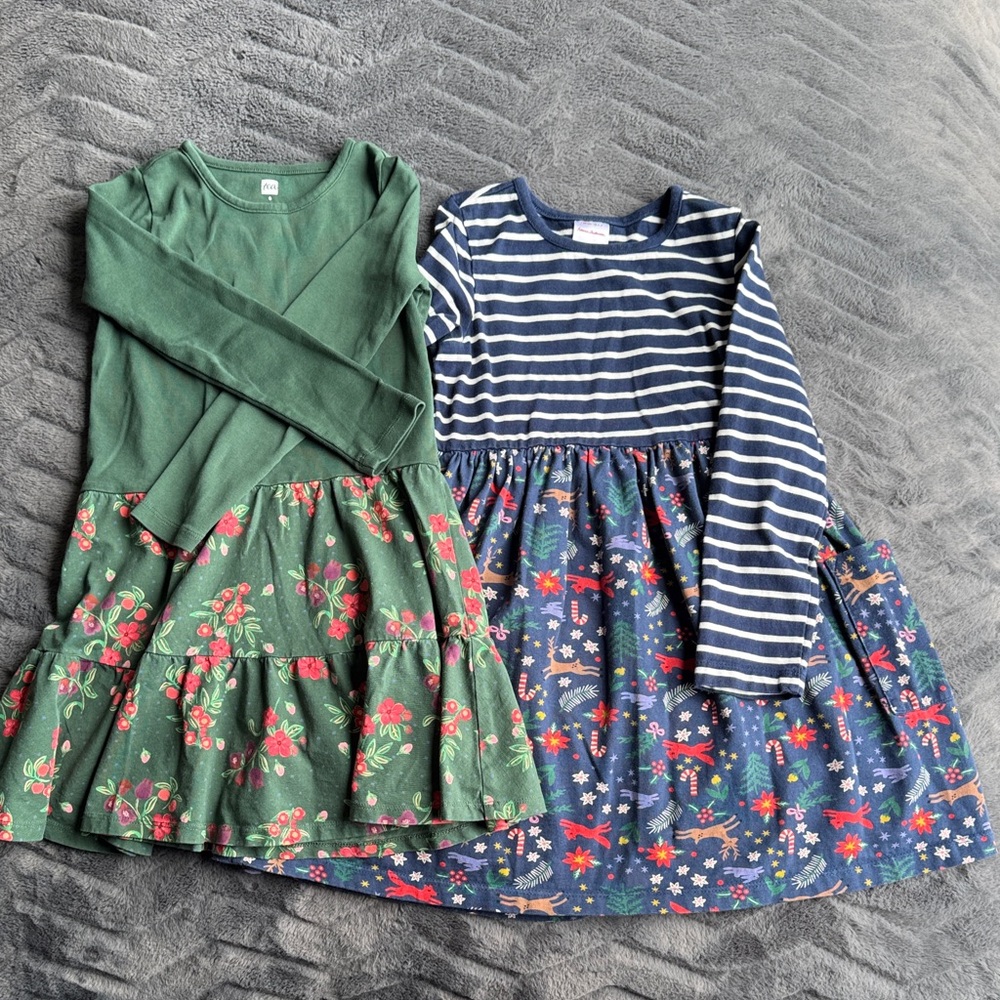 Hanna Andersson Green Floral and Tea Collection Striped Holiday Print Dresses